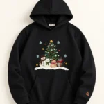 MISK ART Christmas Tree & Friends Hoodie – Black Front, gazelle branding on an ivory studio background