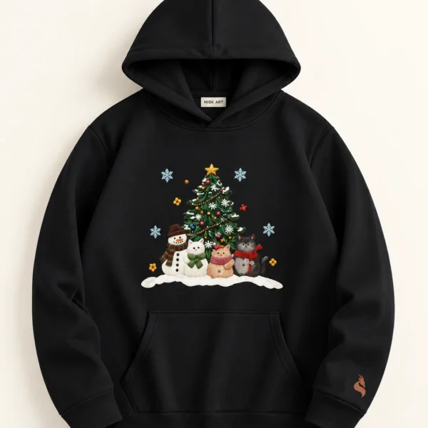 MISK ART Christmas Tree & Friends Hoodie – Black Front, gazelle branding on an ivory studio background