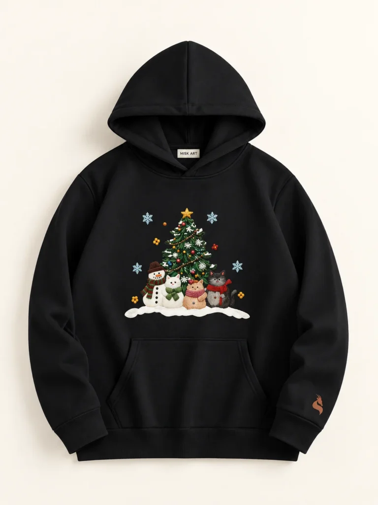MISK ART Christmas Tree & Friends Hoodie – Black Front, gazelle branding on an ivory studio background