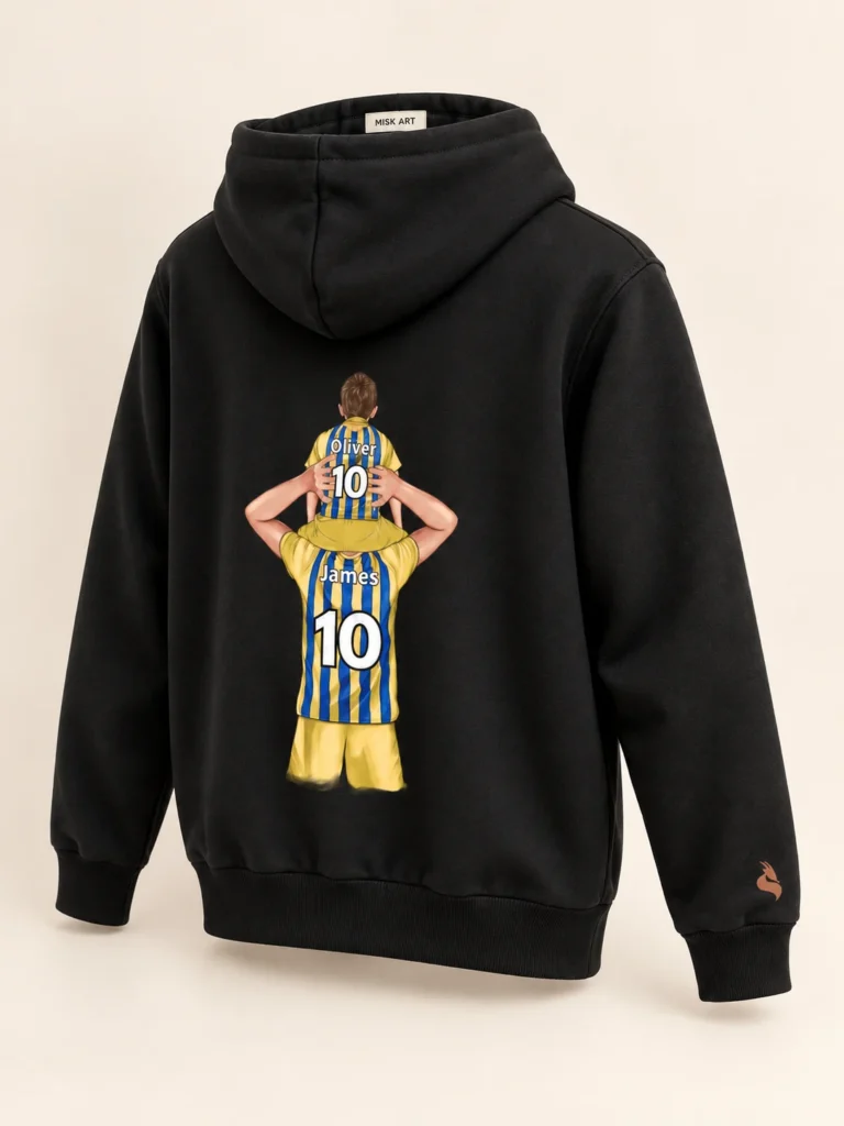 MISK ART Personalized Father & Son Football Hoodie – Black Detail, gazelle branding on an ivory studio background