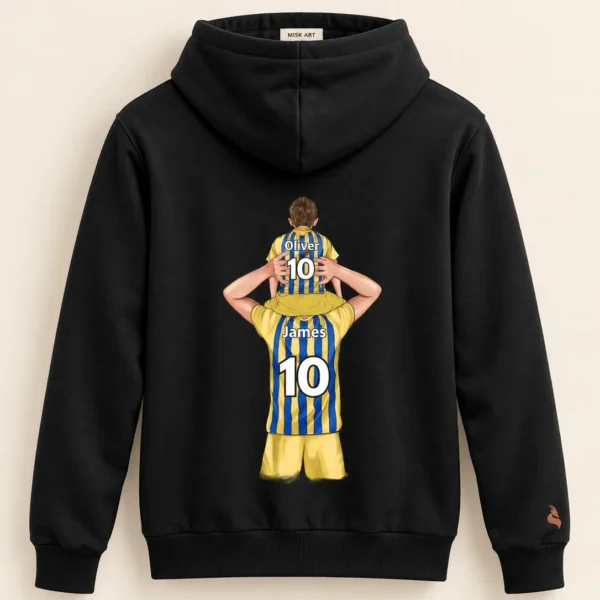 MISK ART Personalized Father & Son Football Hoodie – Black Front, gazelle branding on an ivory studio background