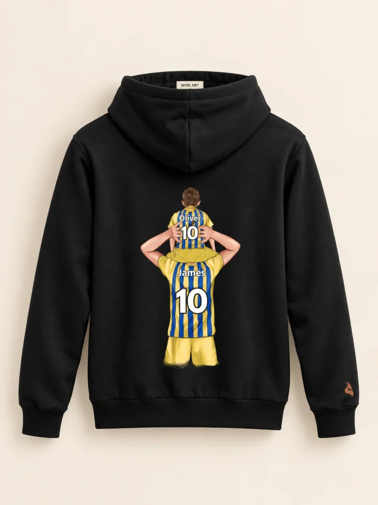 MISK ART Personalized Father & Son Football Hoodie – Black Front, gazelle branding on an ivory studio background