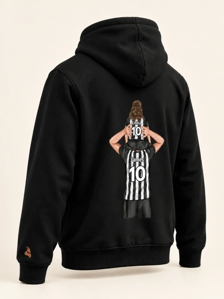 MISK ART Personalized Father & Daughter Football Hoodie – Black Detail, gazelle branding on an ivory studio background