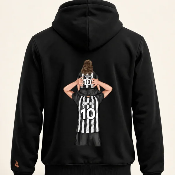 MISK ART Personalized Father & Daughter Football Hoodie – Black Front, gazelle branding on an ivory studio background