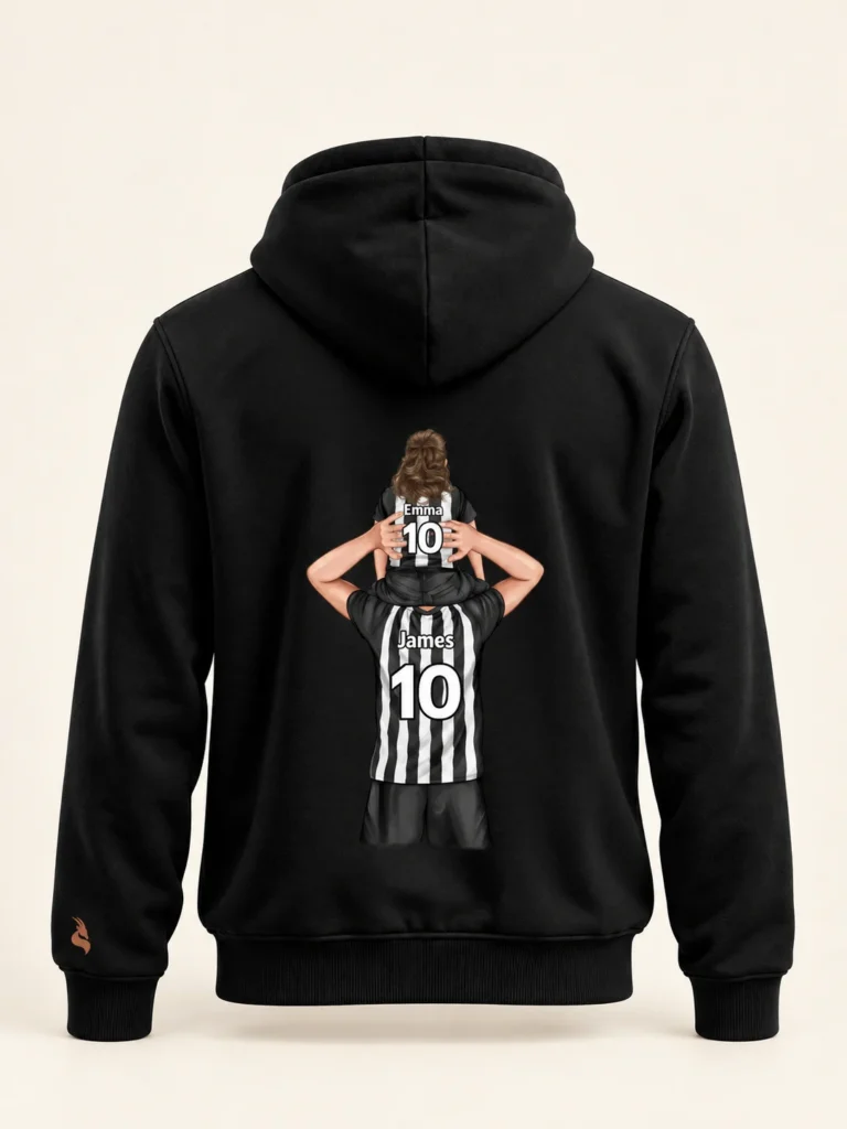 MISK ART Personalized Father & Daughter Football Hoodie – Black Front, gazelle branding on an ivory studio background