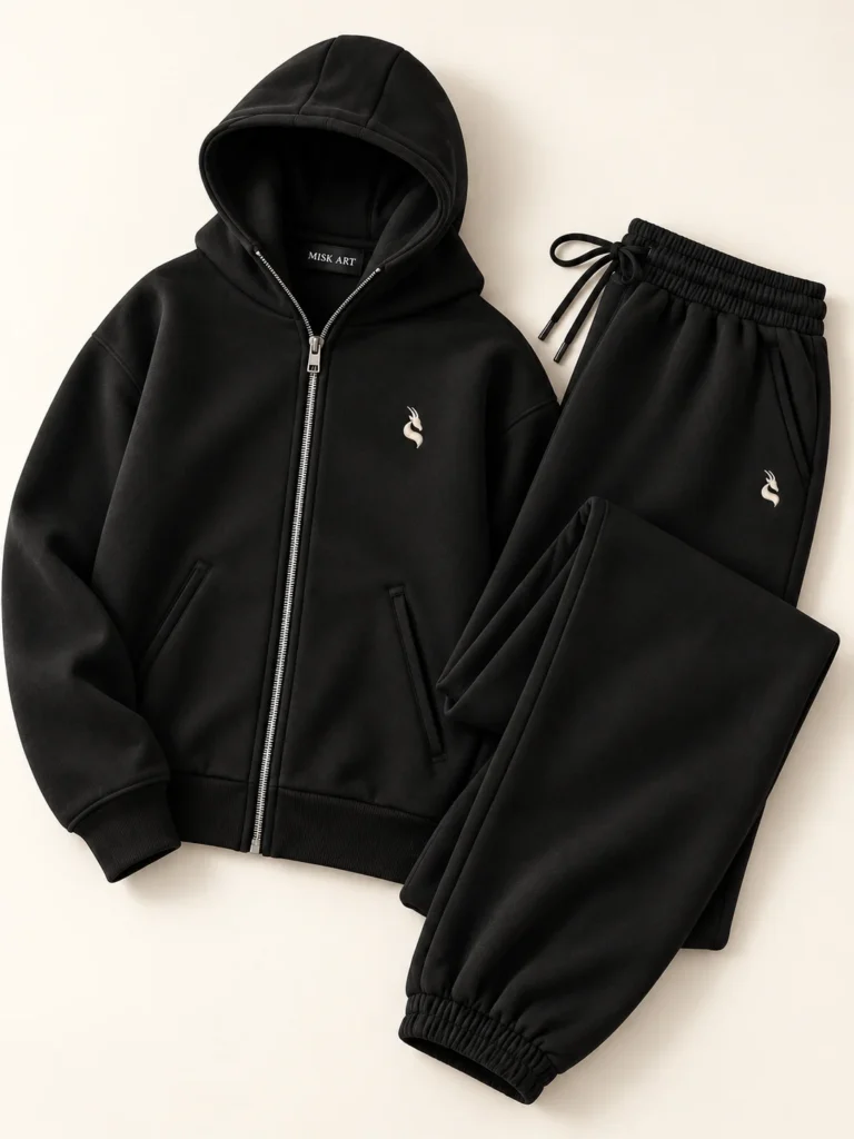 MISK ART Premium Zip-Up Hoodie & Jogger Set – Black Detail, gazelle branding on an ivory studio background