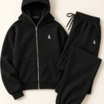 MISK ART Premium Zip-Up Hoodie & Jogger Set – Black Front, gazelle branding on an ivory studio background