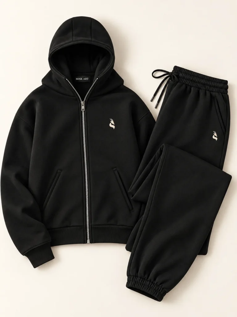 MISK ART Premium Zip-Up Hoodie & Jogger Set – Black Front, gazelle branding on an ivory studio background