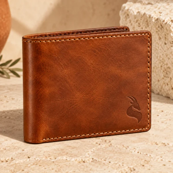 MISK ART wallet front view with gazelle emblem