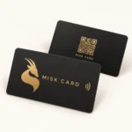 MISK CARD — Black card, Gold print, front and QR reverse mockup