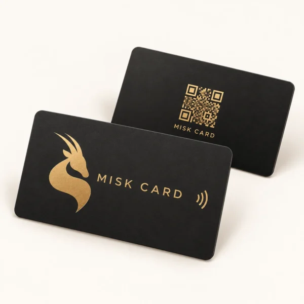 MISK CARD — Black card, Gold print, front and QR reverse mockup