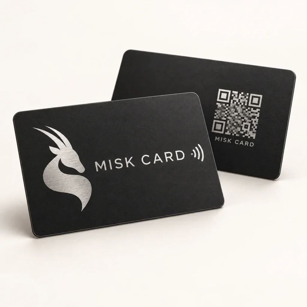 MISK CARD — Black card, Silver print, front and QR reverse mockup