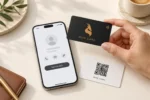 Standard-sized MISK CARD held beside a smartphone, with NFC contact-sharing demonstration