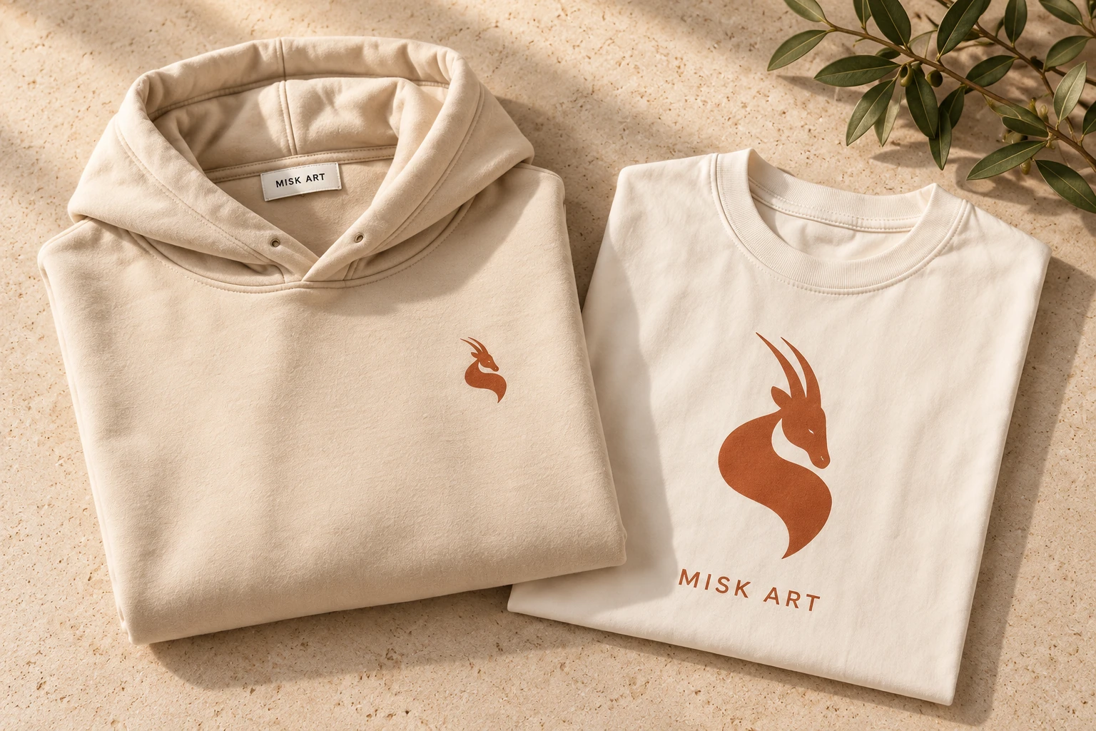 MISK ART ivory printed T-shirt and hoodie with terracotta gazelle emblems