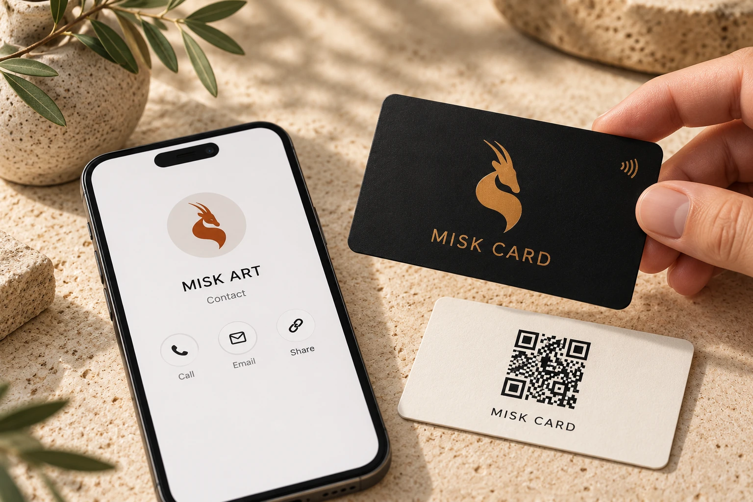 Black and gold MISK CARD with phone contact profile and QR card