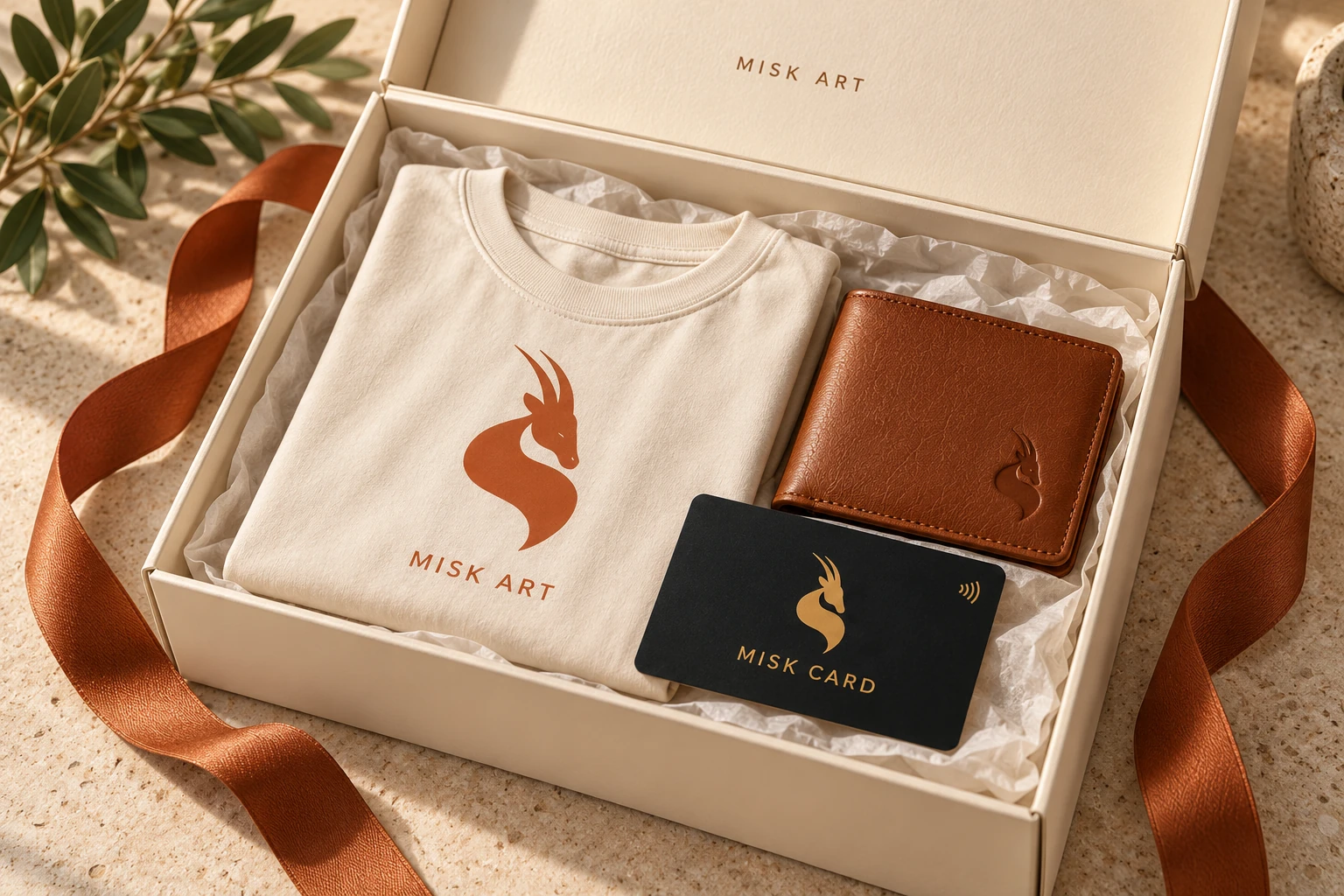 MISK ART gift box combining a printed T-shirt, leather wallet and MISK CARD