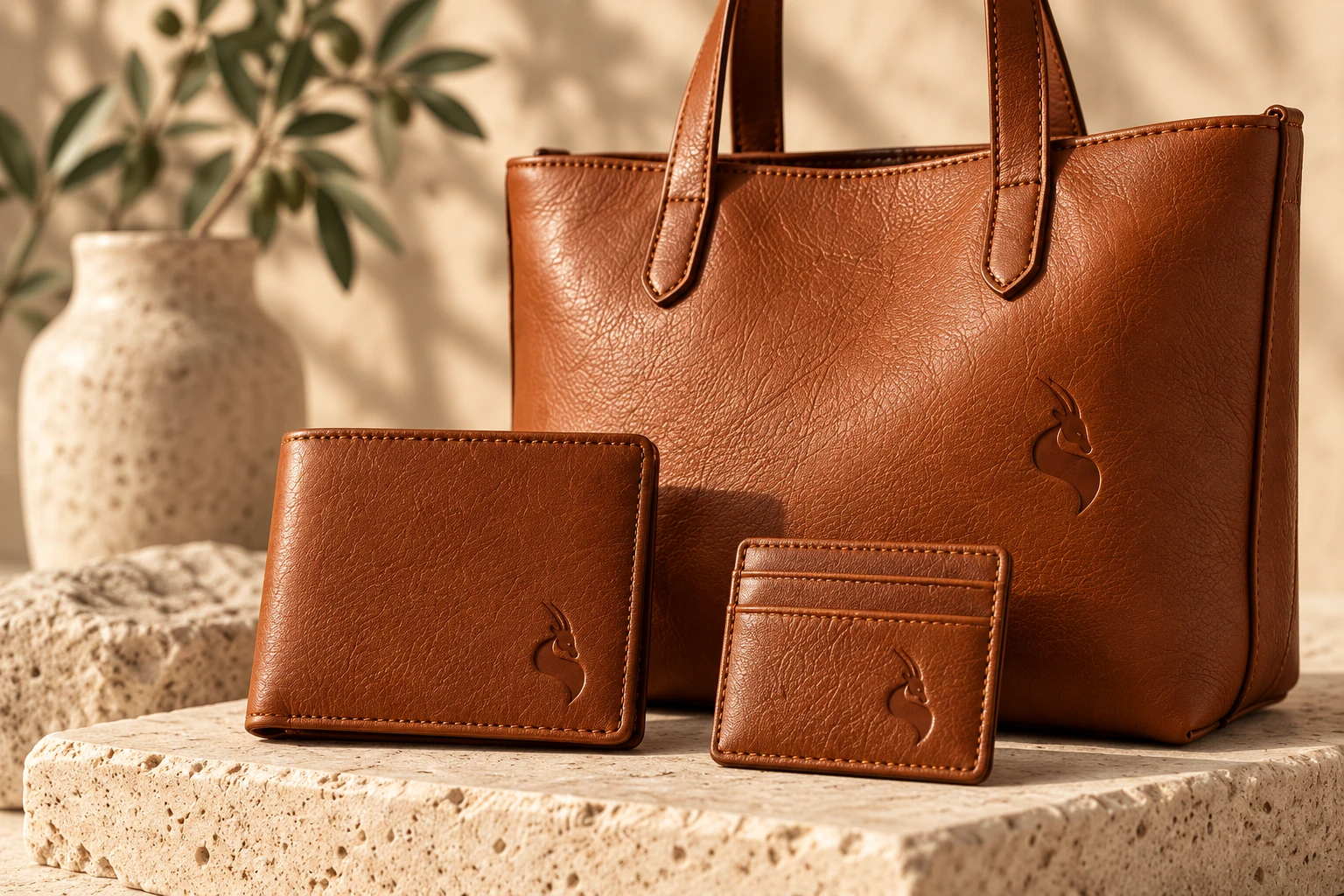 MISK ART cognac leather tote, wallet and card holder